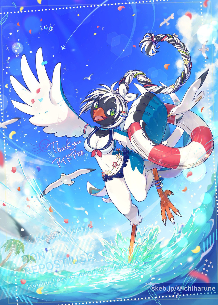 action_pose anklet anthro avian beak bird black_body black_feathers blue_body blue_feathers breasts cheek_tuft cissa_(idorrth) claws cleavage clothed clothing curvy_figure detailed_background digital_media_(artwork) facial_tuft feathers feet female feral full-length_portrait green_eyes gull hair happy haruneichi hi_res holding_object holding_out_hand inflatable inner_tube jewelry lari larid medium_breasts neck_tuft open_mouth ponytail portrait pose raised_wings small_waist smile solo splash standing stripes swimwear talons toe_claws toes tuft white_body white_feathers wide_hips wings