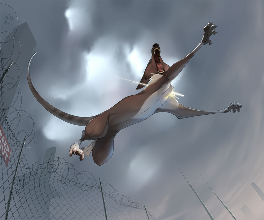 ambiguous_gender barbed_wire barefoot black_nose brown_fur chain_link_fence chest_tuft city cloudy detailed_background english_text escape fangs fence feral ferocious fur in_air mammal markings marsupial nude open_mouth paws perspective prison screaming sign sky socks_(marking) spread_arms teeth text thylacine tuft wild yulliandress