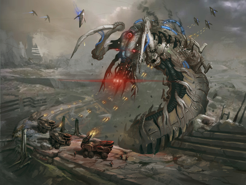 alien amazing andrewryanart battle fan_art flying gunfire hi_res kalros krogan mass_effect reaper red_eyes ruins size_difference smoke tank thresher_maw war worm