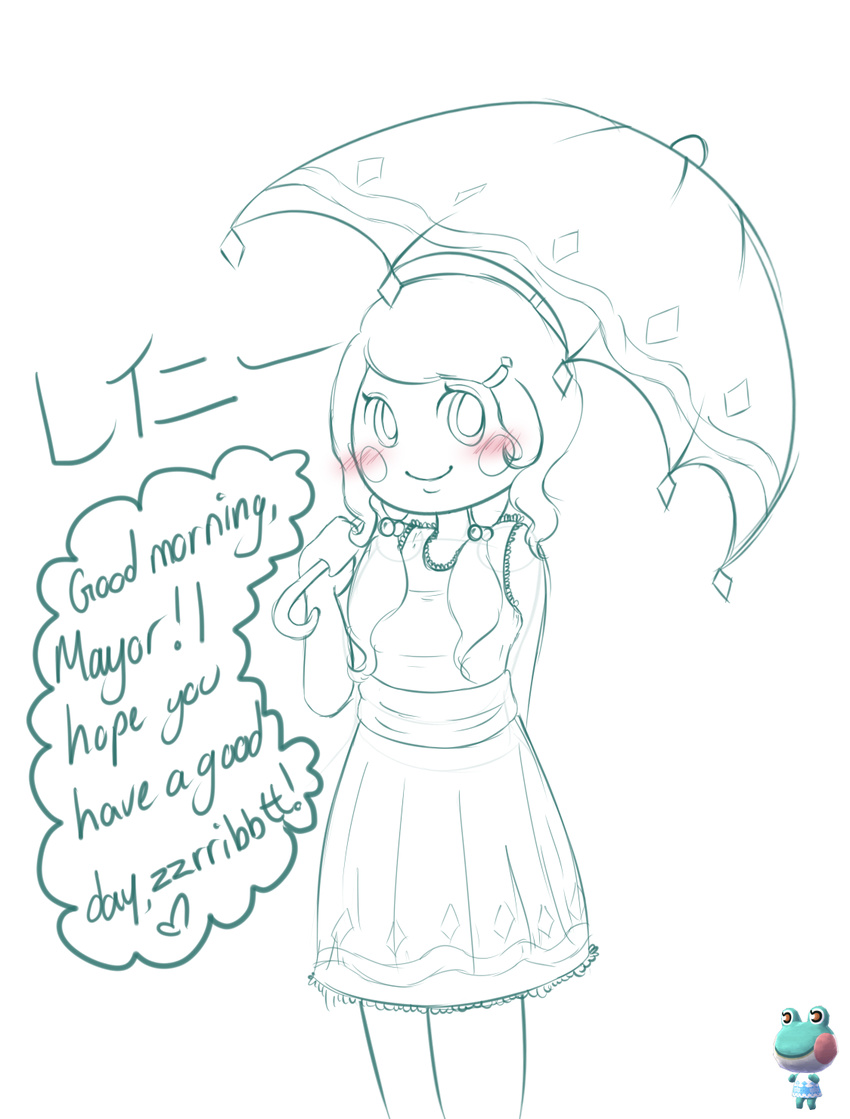 &lt;3 amphibian animal_crossing blush english_text female frog human humanized japanese_text lacgl lily lily_(animal_crossing) mammal monochrome nintendo text translation_request umbrella unknown_artist video_games