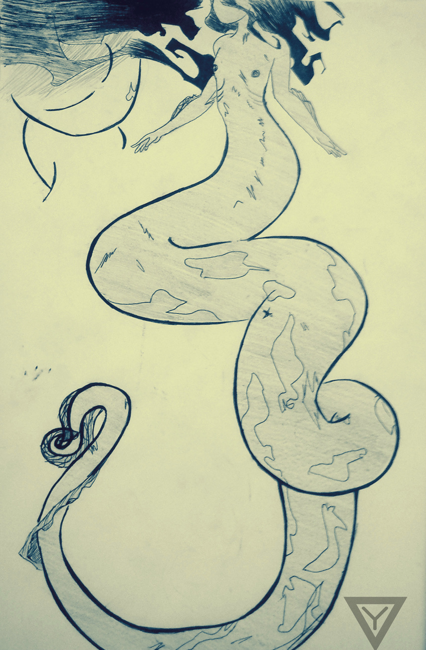 black_and_white eel elopomorpha female flat_chested monochrome mustard_bastard nipples nude siren sketch solo yari_shinai