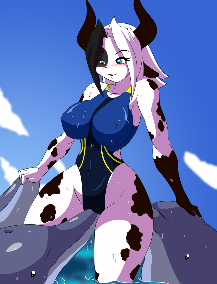 anthro anthro_on_feral bestiality big_breasts black_hair blue_eyes bovine breasts cetacean clothed clothing cloud crotch_rub dolphin edit erect_nipples female feral fur gloves_(marking) hair hi_res interspecies las_lindas mammal marine markings nipples one-piece_swimsuit open_eyes outside sea short_hair sky swimsuit tight_clothing water white_fur white_hair