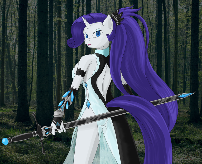 2013 annonymouse anthro anthrofied blue_eyes clothing dress equine female friendship_is_magic hair horn horse long_hair looking_at_viewer my_little_pony outside pony purple_hair rarity_(mlp) solo sword translucent transparent_clothing unicorn weapon white_fur
