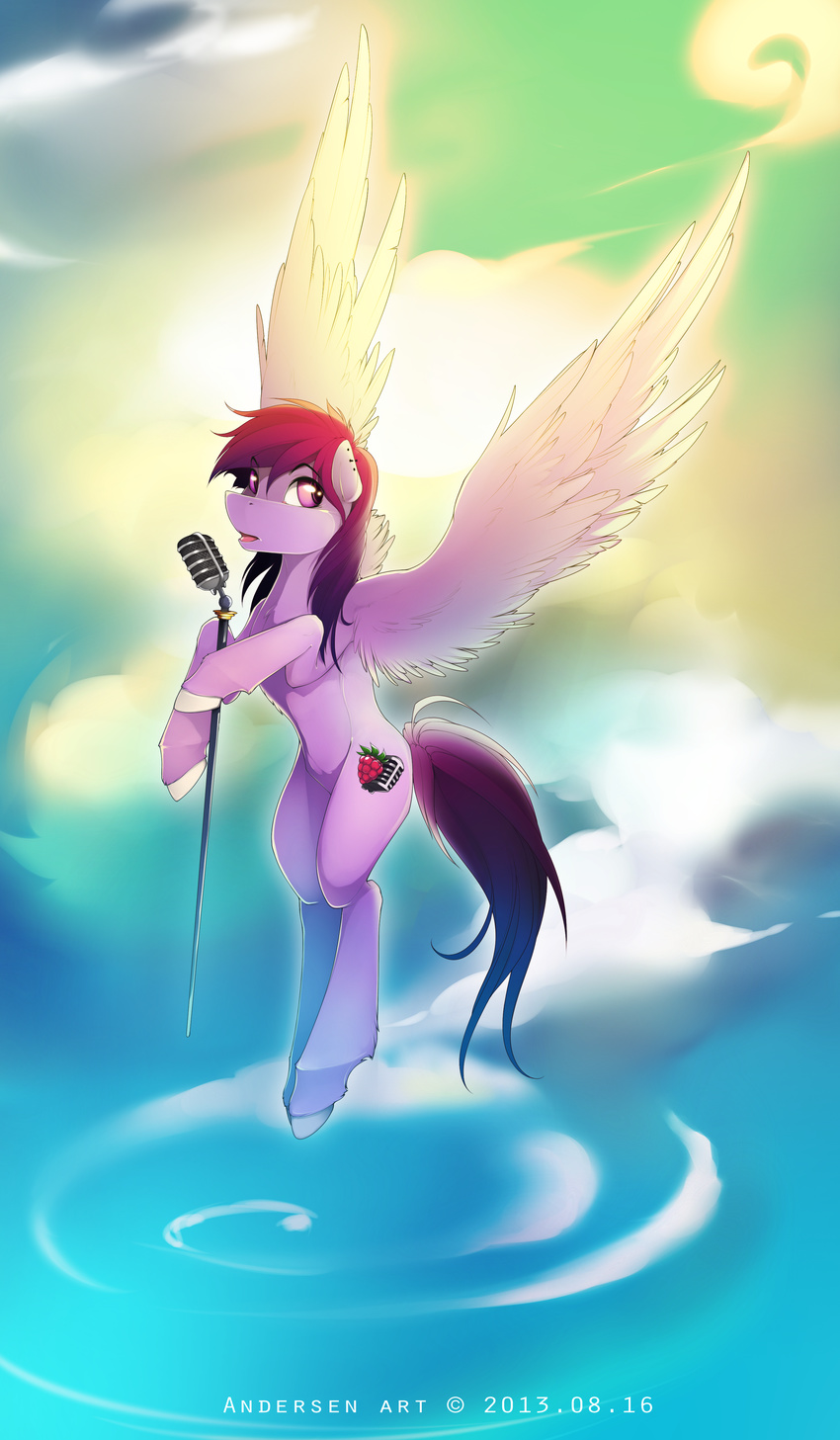 antiander cloud cutie_mark ear_piercing feathers flying fur hair hi_res hooves industrial_piercing long_hair looking_back microphone my_little_pony open_mouth original_character piercing pink_eyes pink_feathers pink_fur red_hair singing sky wings