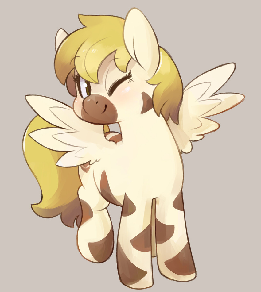 equine female hair mammal my_little_pony one_eye_closed original_character pegasus solo stripes wings wink yellow_eyes zebra_cake zonkpunch