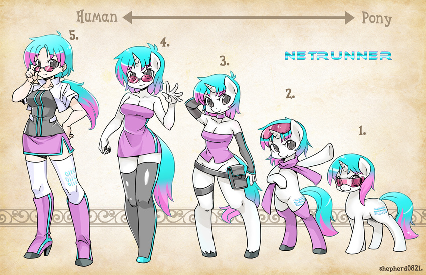 &gt;:) animal_ears artist_name blue_hair boots bottomless breasts character_name choker cleavage commentary cutie_mark detached_sleeves directional_arrow english english_commentary furry glasses grey_eyes hand_on_hip high_heels highres hooves horse_ears horse_girl horse_legs horse_tail humanization jacket knee_boots looking_at_viewer medium_breasts miniskirt multicolored_hair my_little_pony my_little_pony_friendship_is_magic netrunner_(shepherd0821) original personification pigeon-toed pink_footwear pink_hair pony ponytail scarf shepherd0821 skirt smile standing tail thighhighs two-tone_hair unicorn unicorn_girl v-shaped_eyebrows zettai_ryouiki