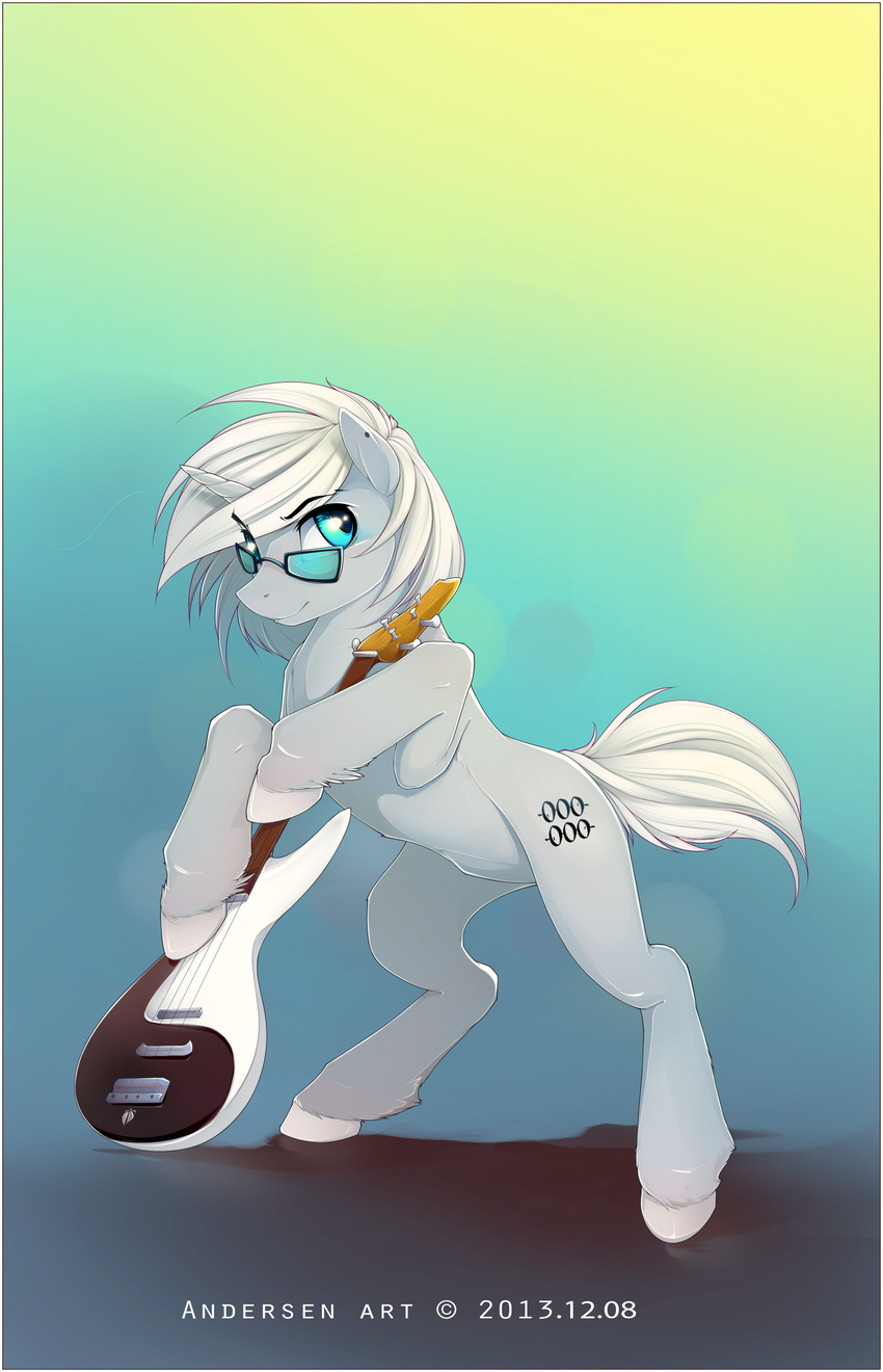 antiander blue_eyes cutie_mark ear_piercing equine eyewear fur glasses grey_fur guitar hair hi_res hooves horse looking_back mammal my_little_pony original_character piercing pony short_hair smile standing white_hair