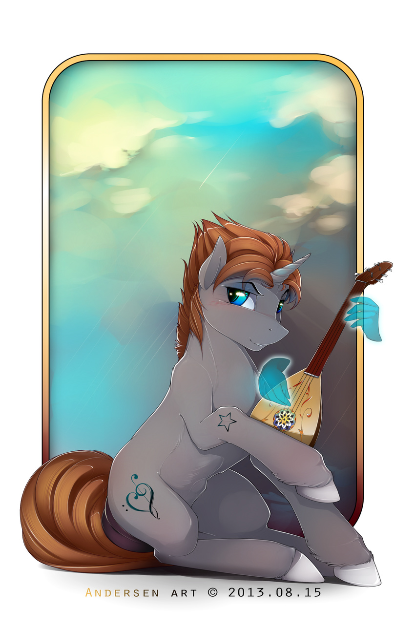 blue_eyes blush brown_hair cloud cutie_mark disembodied_hand equine fur grey_fur hair hi_res hooves horn horse looking_back lute magic male mammal my_little_pony original_character pony short_hair sitting sky smile solo unicorn