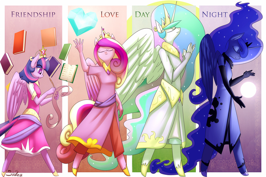 &lt;3 anthro anthrofied book crown dress elbow_gloves equine eyes_closed female friendship_is_magic gloves gold group hair horn horse magic mammal moon multi-colored_hair my_little_pony necklace pony princess_cadance_(mlp) princess_celestia_(mlp) princess_luna_(mlp) purple_hair quill scroll siden sparkles twilight_sparkle_(mlp) winged_unicorn wings writing