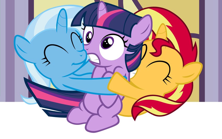 absurd_res beavernator blonde_hair equestria_girls equine eyes_closed female feral friendship_is_magic group hair hi_res horn horse hug mammal multi-colored_hair my_little_pony pony purple_eyes red_hair smile sunset_shimmer_(eg) trixie_(mlp) twilight_sparkle_(mlp) two_tone_hair unicorn young