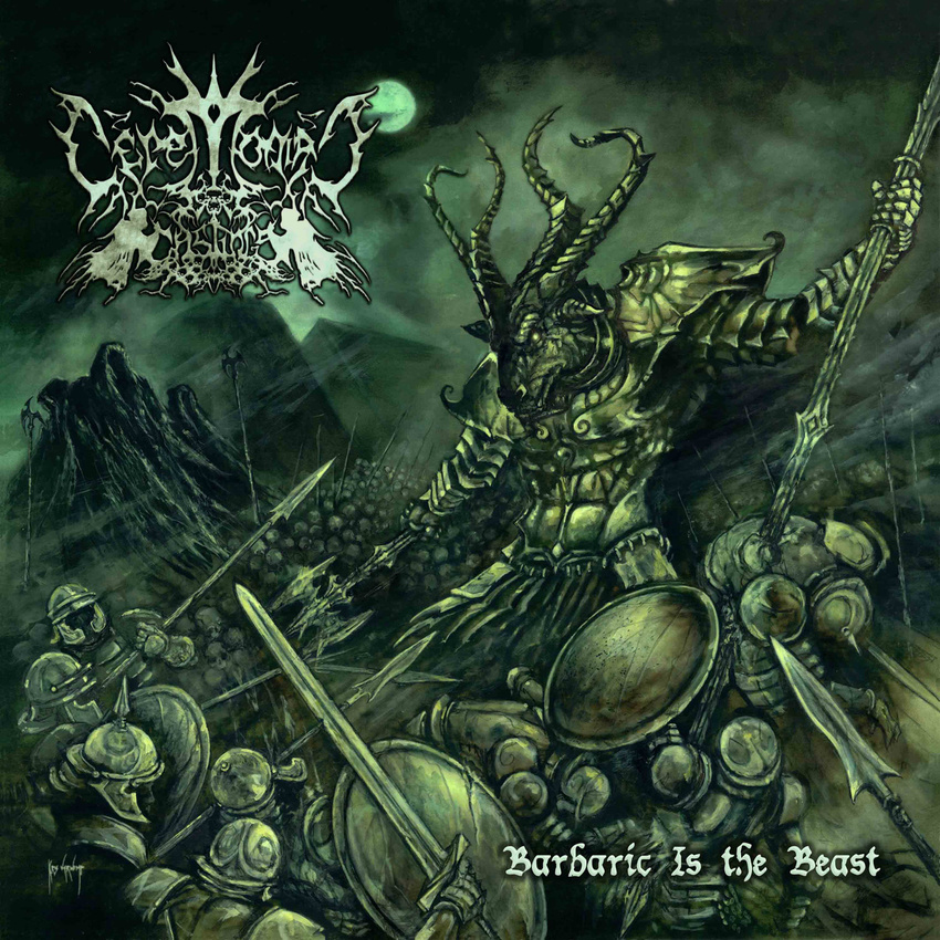 album_cover armor battle_axe black_metal ceremonial_castings combat cool_colors cover fog green_theme heavy_metal horn metal moon polearm shield spear sword unknown_artist weapon