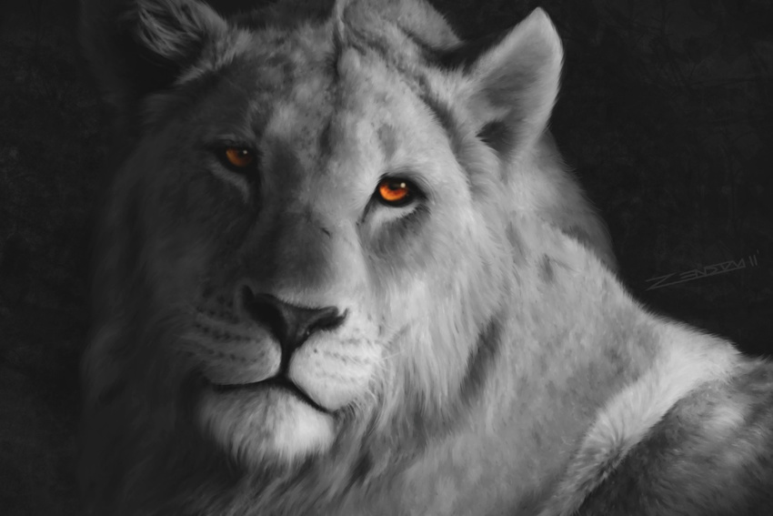 amazing ambiguous_gender black_nose brown_eyes detailed feline feral lion mammal monochrome painting photorealism solo zensou