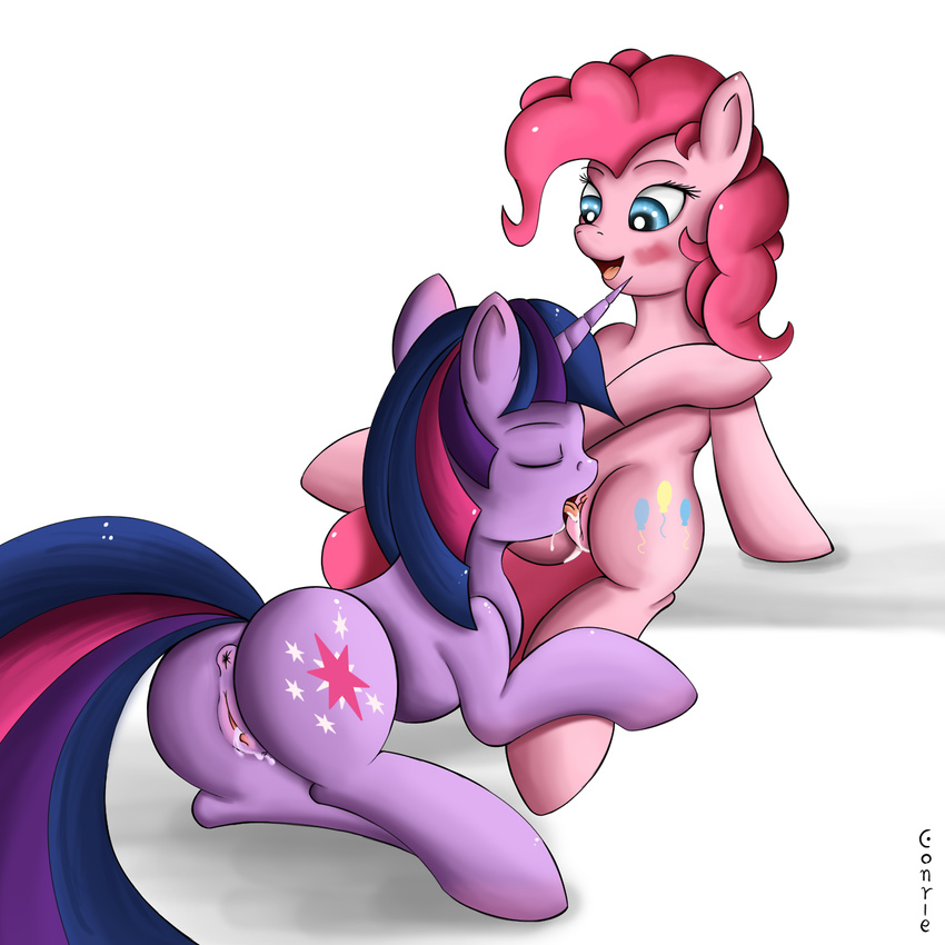 anus blue_eyes blush conrie cunnilingus cutie_mark duo equine eyes_closed female feral friendship_is_magic fur hair horn horse lesbian mammal multi-colored_hair my_little_pony oral oral_sex pink_fur pink_hair pink_pie pinkie_pie_(mlp) plain_background pony purple_eyes purple_fur purple_hair pussy pussy_juice sex twilight_sparkle_(mlp) unicorn vaginal white_background