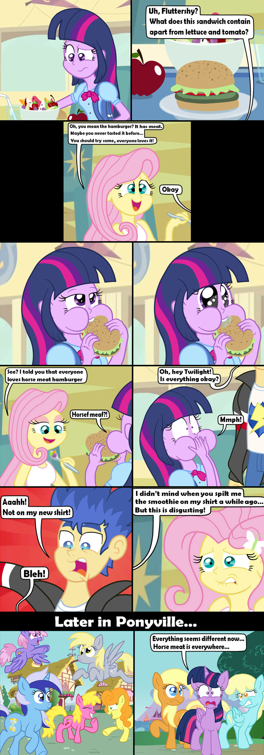 amber_eyes apple blonde_hair burger carrot_top_(mlp) clothed clothing colgate_(mlp) comic cutie_mark derpy_hooves_(mlp) dialog eating english_text equestria_girls equine female feral flash_sentry_(eg) fluttershy_(eg) food friendship_is_magic fruit fur grey_fur hair hamburger horn horse human humanized long_hair male mammal mlpegasis4898 multi-colored_hair my_little_pony open_mouth pegasus pony purple_eyes scared shocked smile text tongue twilight_sparkle_(eg) twilight_sparkle_(mlp) two_tone_hair unicorn winged_unicorn wings yellow_eyes