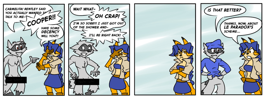 bottomless canine carmelita_fox clothing comic dialog female fox foxzombiej humor male mammal nude raccoon red_eyes shirt sly_cooper sly_cooper_(series) text