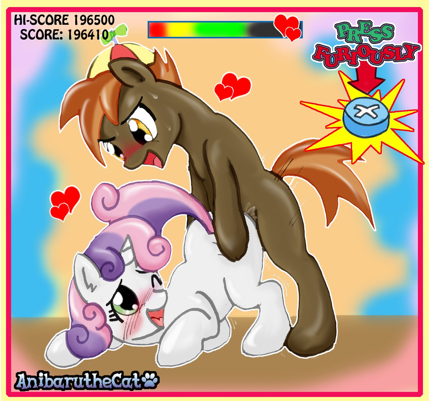 anibaruthecat bent_over blush brown_fur brown_hair button_mash_(mlp) cub duo english_text equine female feral friendship_is_magic fur green_eyes hair horn horse male mammal my_little_pony one_eye_closed pony propeller_hat sex straight sweetie_belle_(mlp) text two_tone_hair unicorn white_fur young