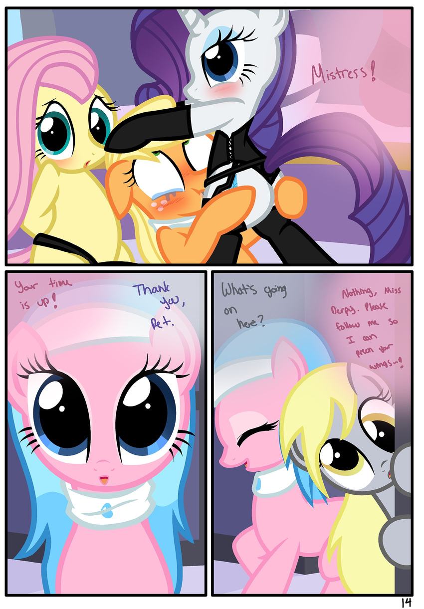 aloe_(mlp) applejack_(mlp) blonde_hair blue_eyes blue_hair blush comic cutie_mark derpy_hooves_(mlp) dialog dildo english_text equine female feral fluttershy_(mlp) freckles friendship_is_magic fur green_eyes grey_fur group hair horn horse lesbian mammal my_little_pony oral orange_fur pink_fur pink_hair pony purple_hair pyruvate rarity_(mlp) sex_toy strapon tears text unicorn white_fur yellow_fur