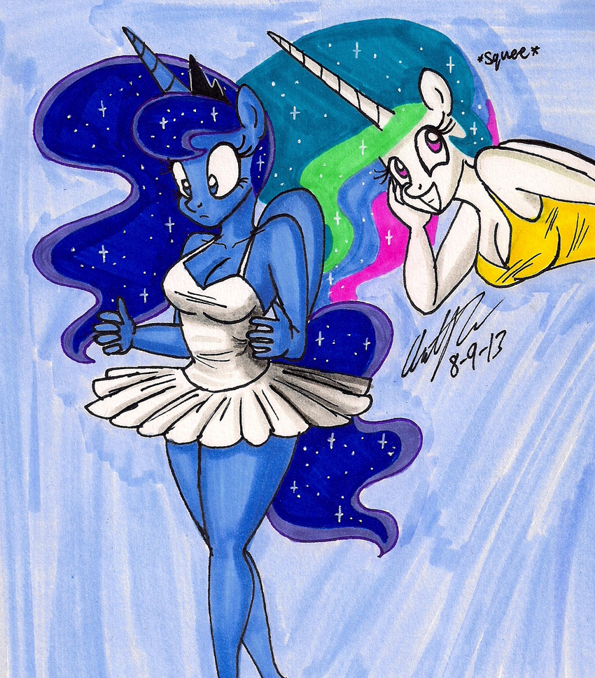 anthro anthrofied blue_eyes breasts cleavage clothed clothing crown dress duo equine female friendship_is_magic hair horn horse mammal multi-colored_hair my_little_pony newyorkx3 pony princess_celestia_(mlp) princess_luna_(mlp) purple_eyes shirt sibling sisters smile sparkles standing surprise tank_top tutu winged_unicorn wings