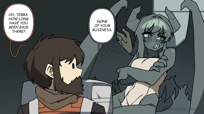 1boy backpack bag bare_shoulders beard blush breasts brown_hair claws colored_sclera colored_skin crossed_arms demon_girl demon_horns demon_wings dress english_text facial_hair gargoyle grey_hair grey_horns grey_sclera grey_skin highres horns junkzero looking_at_another looking_to_the_side monster_girl original pointy_ears sharp_teeth solid_oval_eyes speech_bubble teeth terra_(gomulgong) white_dress wings