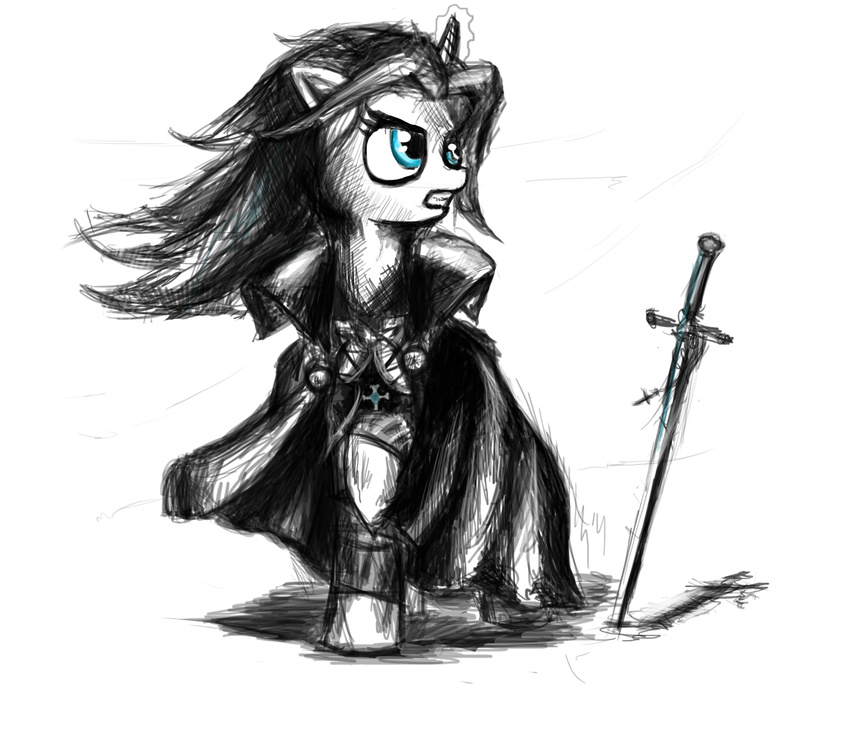 alucard_(castlevania) blue_eyes cape castlevania clothed clothing cross crossover equine female feral friendship_is_magic hair horn horse long_hair mammal my_little_pony plain_background ponification pony shadow sketch solo sword teeth unicorn video_games weapon white_background