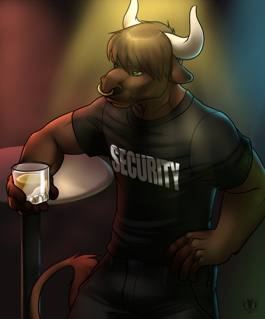 bar beverage bouncer bovine brown_fur cattle clothing facial_piercing fur glass green_eyes horn lights male mammal nose_piercing nose_ring pants piercing security shirt solo strider_auroch table the_spiner vallhund