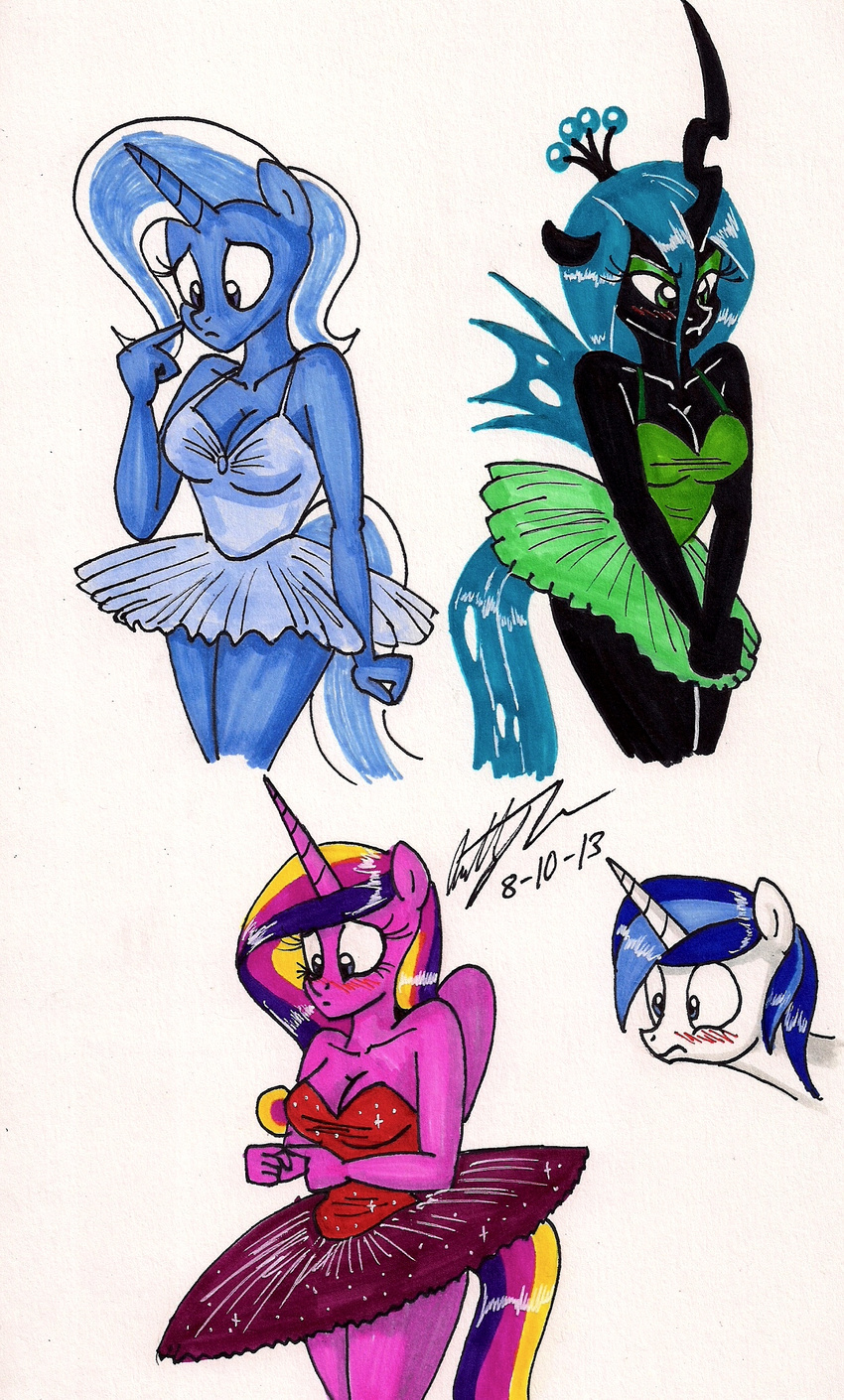 anthro anthrofied blue_eyes blue_hair blush changeling cleavage clothed clothing equine fangs female friendship_is_magic green_eyes green_hair hair horn horse long_hair male mammal multi-colored_hair my_little_pony newyorkx3 plain_background pony princess_cadance_(mlp) purple_eyes queen_chrysalis_(mlp) shining_armor_(mlp) sparkles standing trixie_(mlp) tutu unicorn winged_unicorn wings