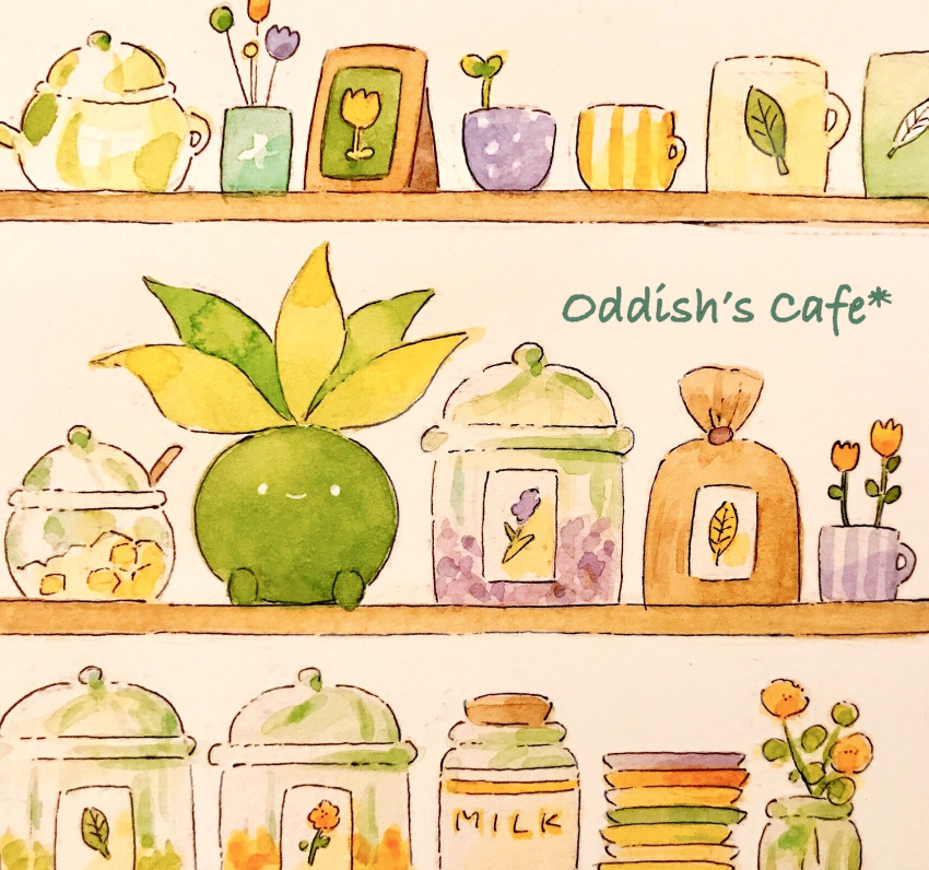 character_name closed_mouth commentary_request cup flower highres milk mug no_humans oddish painting_(medium) pokemon pokemon_(creature) shelf smile solid_oval_eyes teapot traditional_media watercolor_(medium) white_eyes yukichi_0611