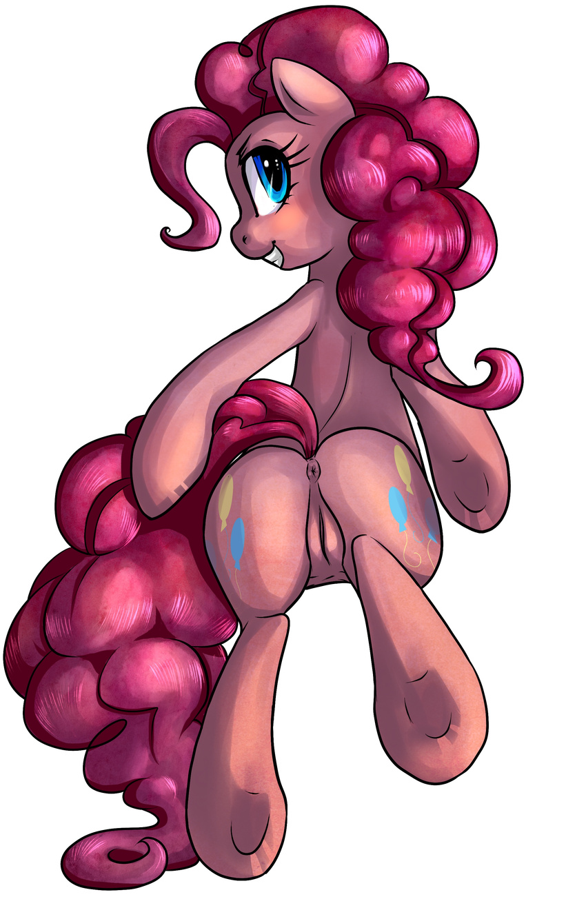 blue_eyes blush butt buttercup_saiyan curly_hair cutie_mark equine female feral friendship_is_magic fur hair hi_res horse inviting looking_at_viewer looking_back mammal my_little_pony pink_fur pink_hair pinkie_pie_(mlp) plain_background pony presenting presenting_hindquarters pussy seductive smile solo standing tail_moved_to_side teeth unknown_artist white_background