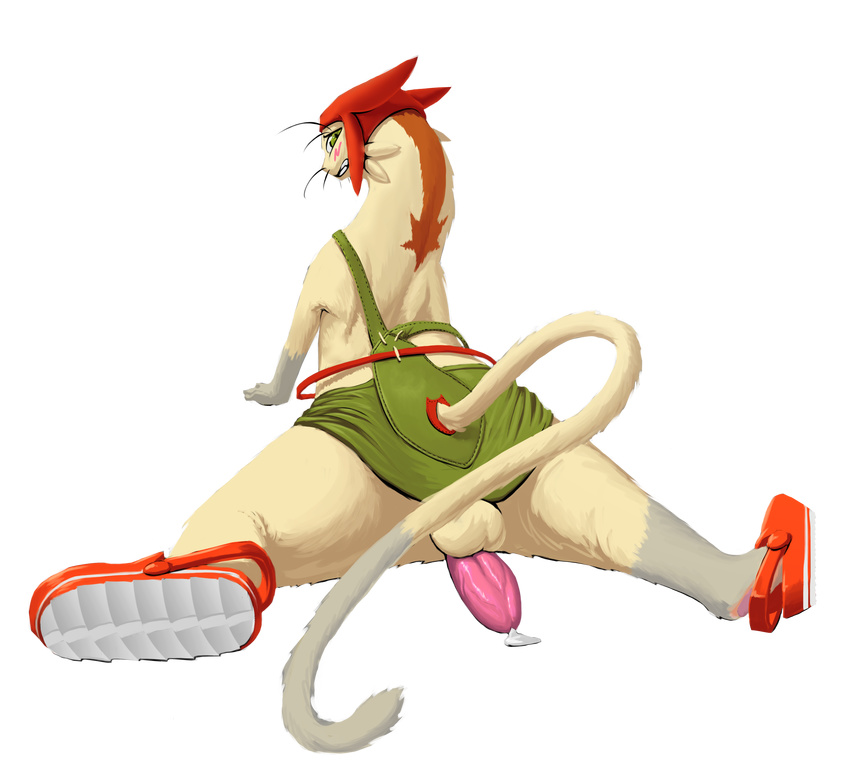 alien all_fours alpha_channel anthro balls betelgeusian blush clothed clothing cum fiasko0 green_eyes hi_res looking_at_viewer male meow meow_(space_dandy) penis plain_background precum presenting shoes solo space_dandy