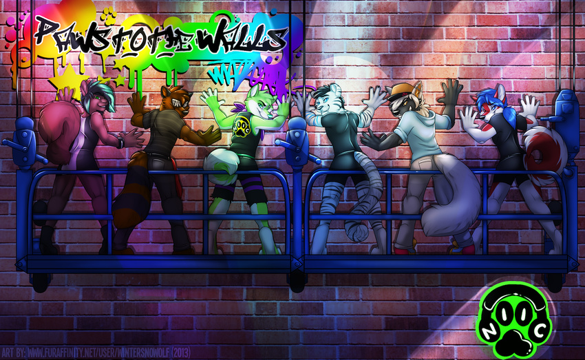 brick_wall clothing crank headphones looking_at_viewer music niic paws paws_to_the_walls railing shorts spotlight text wall wintersnowolf