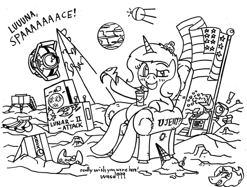 chair crown drink earth equine female feral flag friendship_is_magic fruit hair horn horse ice_cream joystick long_hair looking_at_viewer mammal microsoft my_little_pony plain_background pony popcorn princess_luna_(mlp) satellite solo space_core uncolored video_games wall-e wasd999 xbox