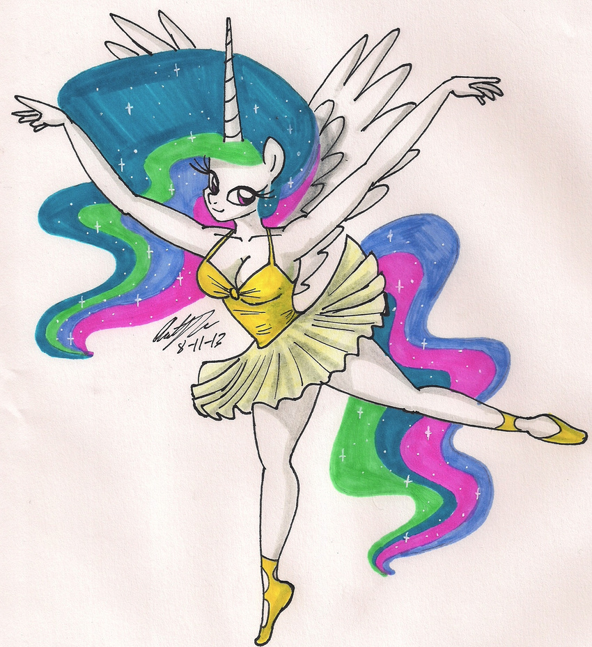 anthro anthrofied ballerina dancing equine female friendship_is_magic hair horn horse long_hair looking_at_viewer mammal multi-colored_hair my_little_pony newyorkx3 plain_background pony pose princess_celestia_(mlp) purple_eyes solo sparkles tutu white_background winged_unicorn wings