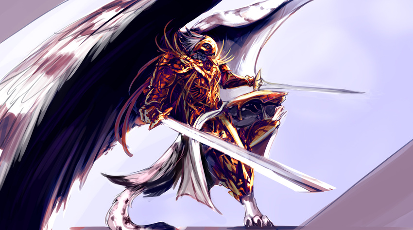 armor avian gryphon male simple_background solo sword watsup weapon wings