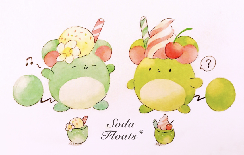 ? alternate_color cherry commentary_request flower food fruit full_body happy highres ice_cream ice_cream_float marill musical_note no_humans painting_(medium) parted_lips pokemon pokemon_(creature) solid_oval_eyes spoken_question_mark traditional_media watercolor_(medium) white_flower yukichi_0611