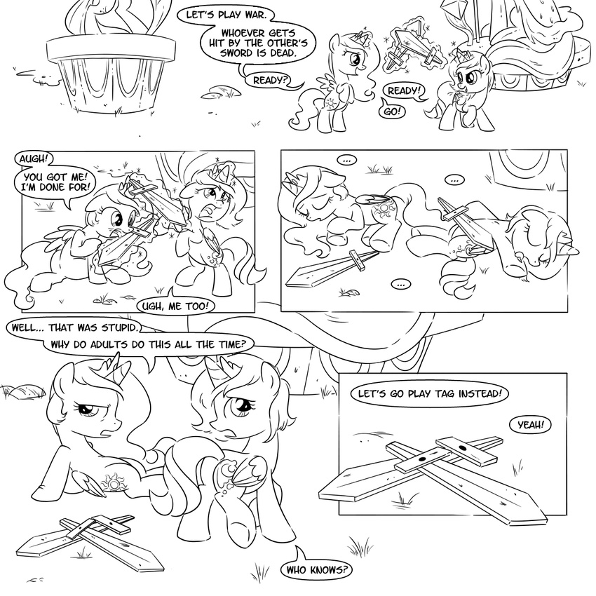 black_and_white comic crown cutie_mark dialog duo english_text equine female feral friendship_is_magic glowing hair horn horse levitation magic mammal monochrome my_little_pony outside playing pony princess_celestia_(mlp) princess_luna_(mlp) short_hair sketchyjackie sparkles text winged_unicorn wings