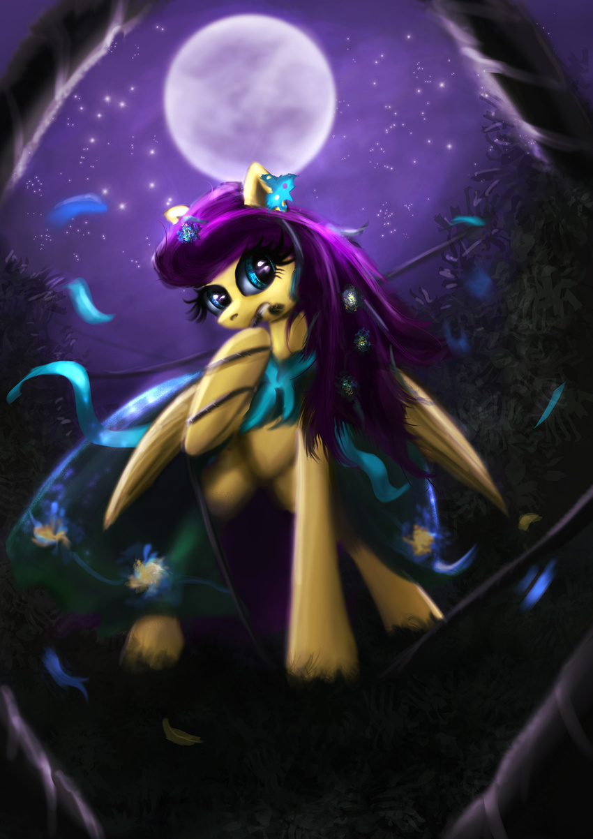 clothing cyan_eyes dress equine feathers female feral flower fluttershy_(mlp) forest friendship_is_magic fur hair horse leaves looking_at_viewer mammal moon my_little_pony night oblomos outside pegasus petals pink_hair pony raised_hoof solo sparkles stars tree wings yellow_fur zolombo