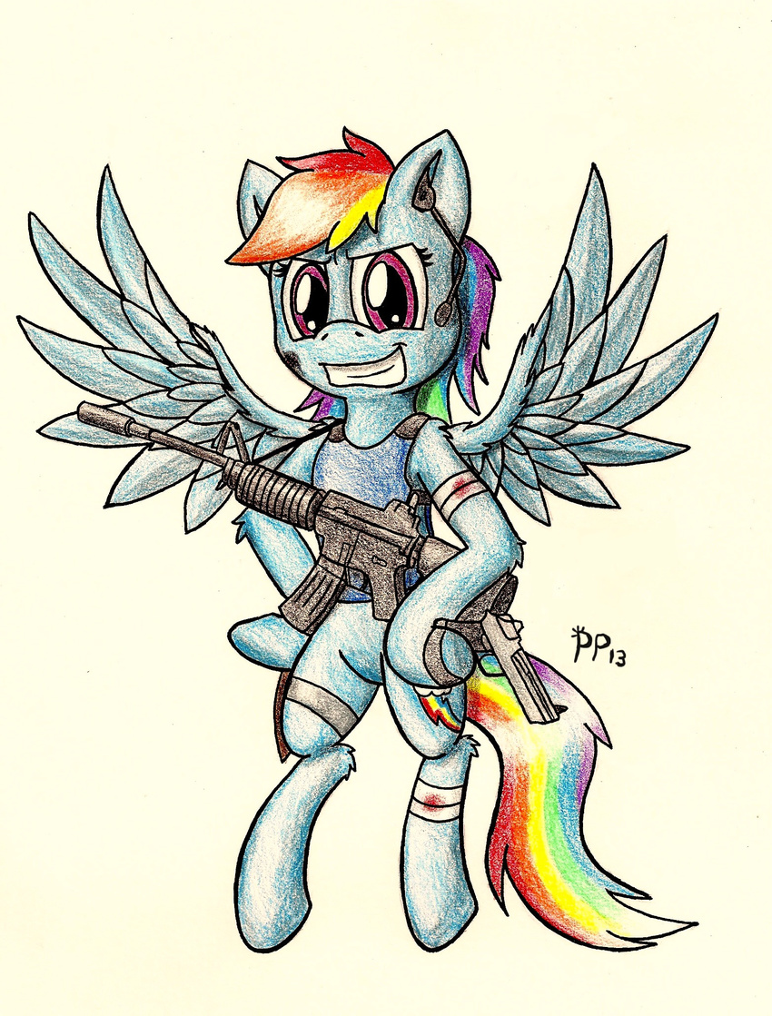 blue_fur cutie_mark equine female feral friendship_is_magic fur gun hair horse looking_at_viewer mammal microphone multi-colored_hair my_little_pony pegasus pistol plain_background pony punk-pegasus purple_eyes rainbow_dash_(mlp) rainbow_hair ranged_weapon solo traditional_media weapon white_background wings