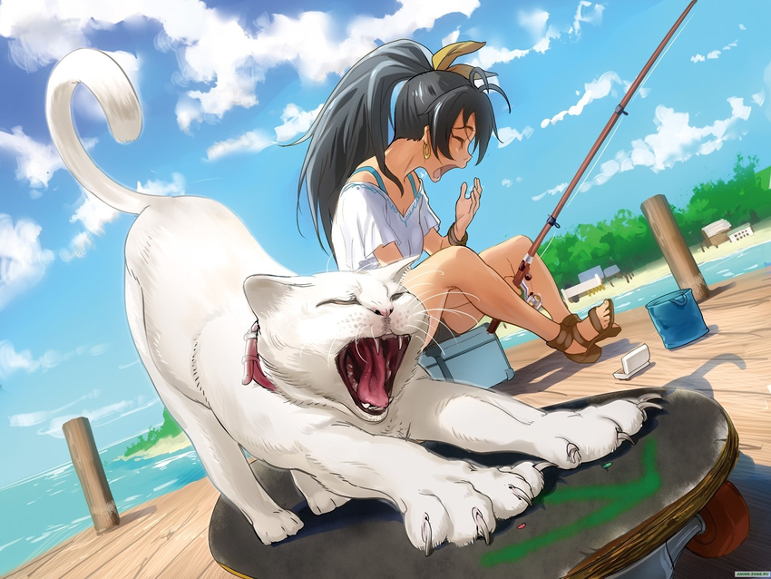 ass_up beach black_hair bucket cat claws clothed clothing cloud clouds collar dock ear_piercing eyes_closed feline female fishing fishing_rod fur hair hibiki_ganaha human long_hair mammal open_mouth piercing seaside skateboard skimpy sky sleepy stretching teeth the_idolm@ster tired tongue tooth tree water whisker whiskers white_fur yawn
