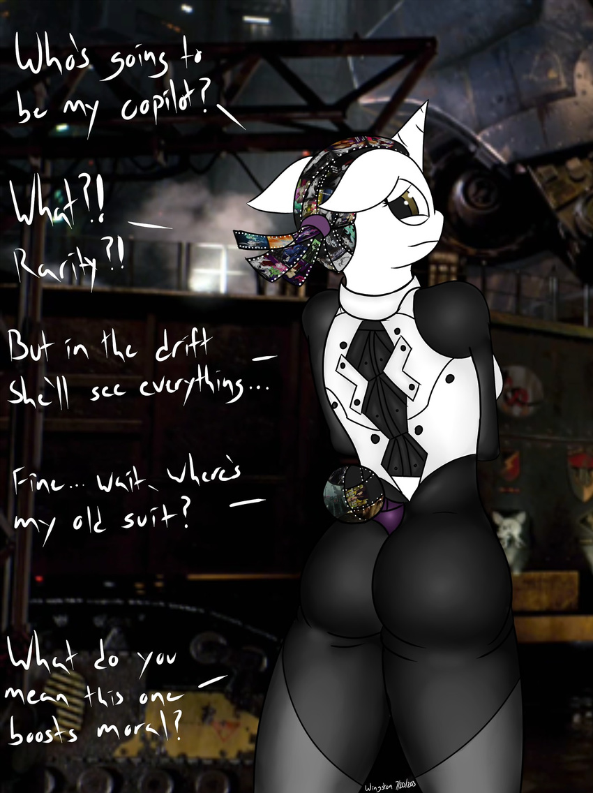 anthro anthrofied back_turned breasts butt dialog english_text equine female from_behind horn horse james_corck looking_at_viewer looking_back machine mammal mechanical movie_slate my_little_pony original_character pacific_rim pony robot side_boob solo standing text unicorn wingston