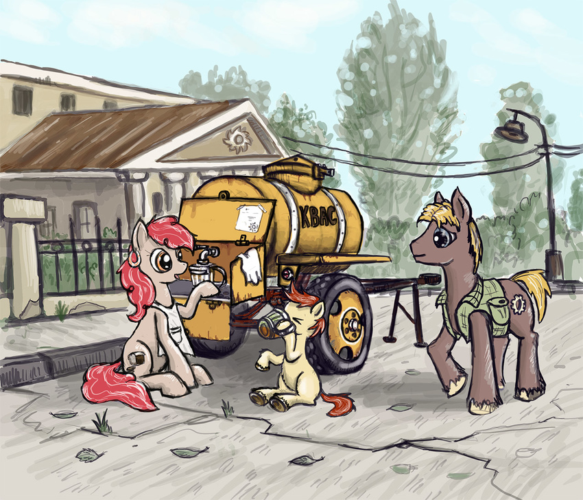apron blue_eyes brown_hair building cutie_mark drinking ear_piercing equine female feral group hair horse jacket kvass male mammal my_little_pony outside piercing pony russian_text sitting text trailer ulyanovetz