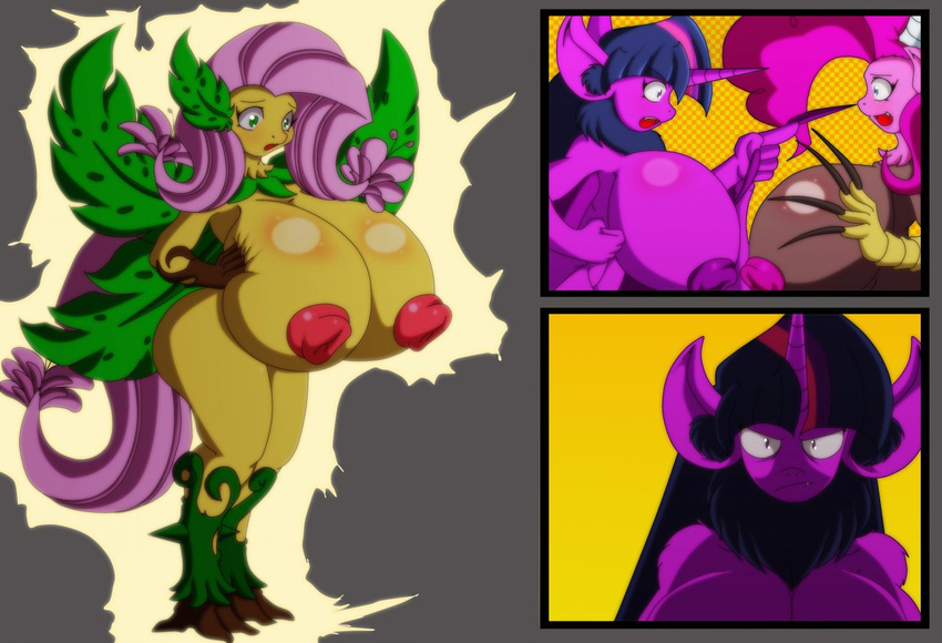 angry animewave anthro anthrofied bat big_breasts big_nipples blue_eyes blush breast_squish breasts brown_fur checkerboard_background claws comic draconequus equine female fluttershy_(mlp) friendship_is_magic fur grey_background hair hairy_neck horn horse huge_breasts hybrid leaves long_nails looking_at_viewer mammal multi-colored_hair my_little_pony nipples no_dialogue nude open_mouth pink_fur pink_hair pinkie_pie_(mlp) plain_background plant pony purple_eyes purple_fur sharp_teeth surprise teeth thorns transformation twilight_sparkle_(mlp) unimpressed wings yellow_background yellow_fur