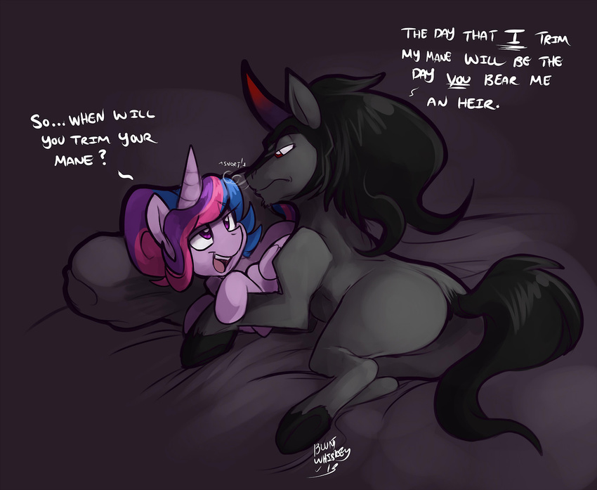 2013 annoyed bed black_hair black_hooves bluntwhiskey couple cuddling equine female feral friendship_is_magic hair hooves horn horse in_bed king_sombra_(mlp) male my_little_pony pillow pony text twilight_sparkle_(mlp) unicorn