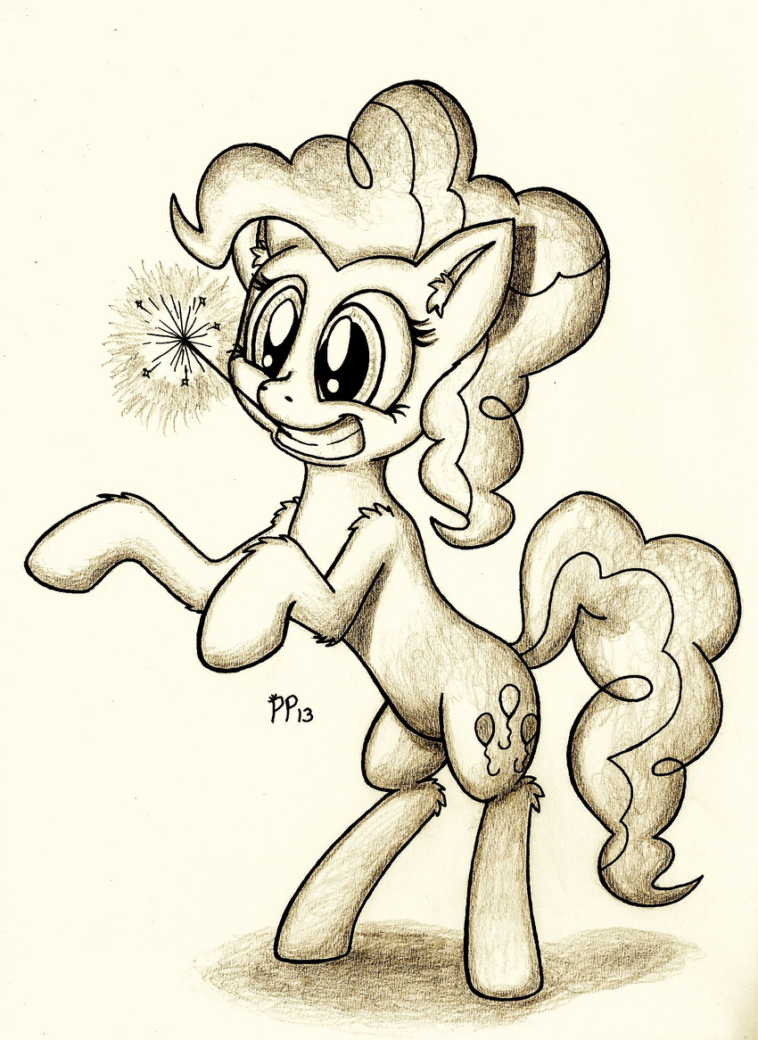 cutie_mark equine female feral friendship_is_magic horse mammal monochrome mouth_hold my_little_pony pinkie_pie_(mlp) pony punk-pegasus smile solo sparkler traditional_media