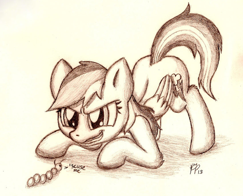 arthropod cutie_mark english_text equine female feral friendship_is_magic greyscale hair horse insect mammal monochrome multi-colored_hair my_little_pony pegasus pony punk-pegasus rainbow_dash_(mlp) smile solo text traditional_media wings