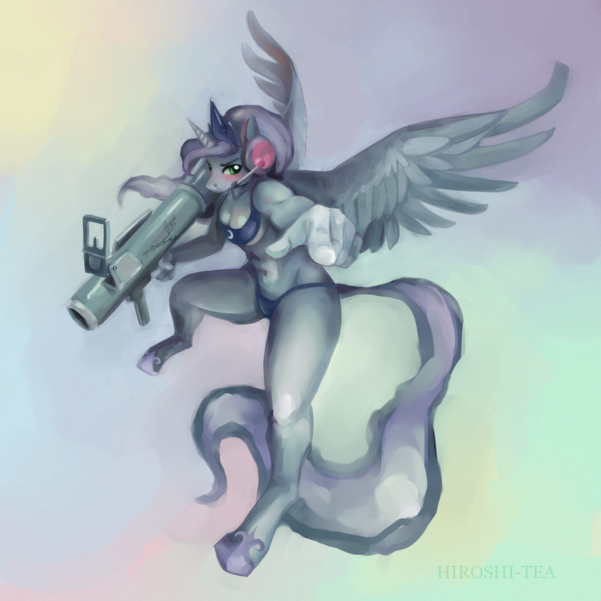 anthro anthrofied bikini blush cleavage clothed clothing english_text equine female flying forefinger friendship_is_magic green_eyes grenade_launcher headphones hiroshi-tea horn horse horsecock mammal my_little_pony penis pointing pony princess_luna_(mlp) solo swimsuit text tight_clothing weapon winged_unicorn wings