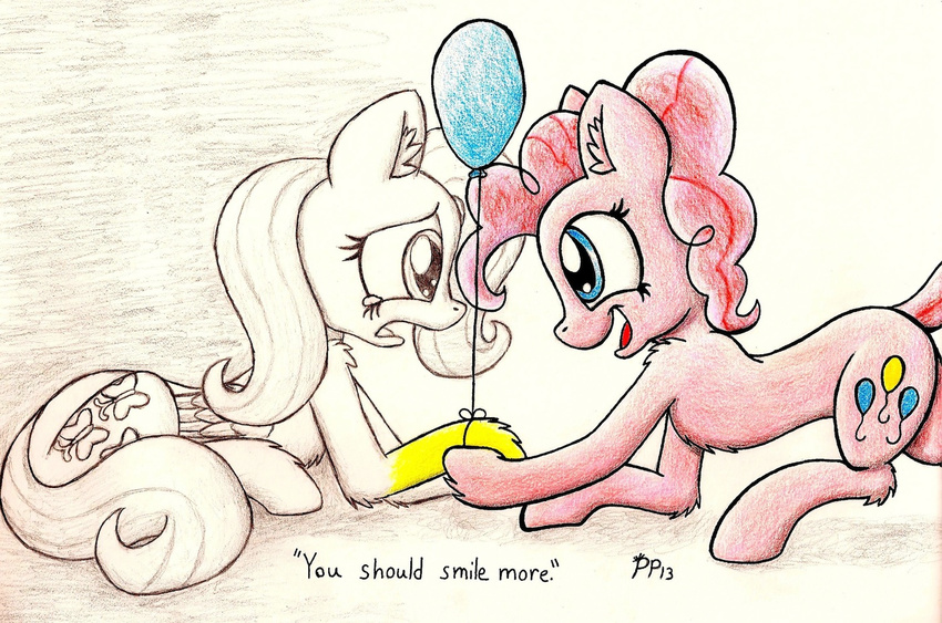 balloon blue_eyes cutie_mark duo english_text equine female feral fluttershy_(mlp) friendship_is_magic fur hair horse mammal my_little_pony open_mouth pegasus pink_fur pink_hair pinkie_pie_(mlp) pony punk-pegasus tears text traditional_media wings yellow_fur