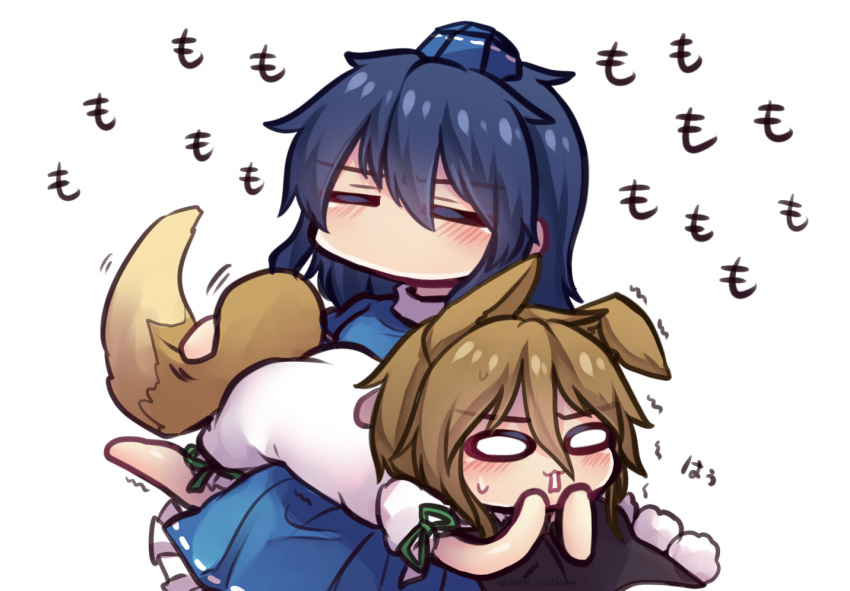 2girls =_= animal_ears armor black_coat blonde_hair blue_hair blue_hat blush coat commentary_request dress fox_ears fox_girl fox_tail frilled_dress frills grabbing_another's_tail hair_between_eyes hat iizunamaru_megumu kudamaki_tsukasa long_hair long_sleeves multiple_girls no_mouth no_nose one-hour_drawing_challenge pauldrons pom_pom_(clothes) puffy_short_sleeves puffy_sleeves ribbon-trimmed_sleeves ribbon_trim romper short_hair short_sleeves shoulder_armor simple_background single_pauldron sitting sleeveless sleeveless_coat solid_oval_eyes tail tokin_hat touhou trembling unime_seaflower white_background white_romper