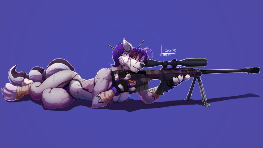 4_fingers anthro bandage barefoot barrett_m95 between_fingers black_nose bra breasts bullet canine claws crossed_legs female fingerless_gloves fur gloves green_eyes grey_fur gun hair half-closed_eyes holding looking_at_viewer lying mammal muscles muscular_female navel on_front paws pose purple_hair ranged_weapon rifle simple_background sniper_rifle solo stoopix thong tied_tail underwear violet_background weapon wolf