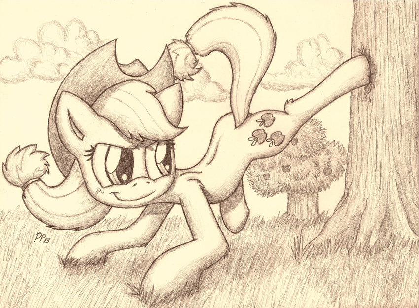 applejack_(mlp) cowboy_hat cutie_mark equine female feral freckles friendship_is_magic greyscale hat horse kick mammal monochrome my_little_pony pony punk-pegasus solo traditional_media tree