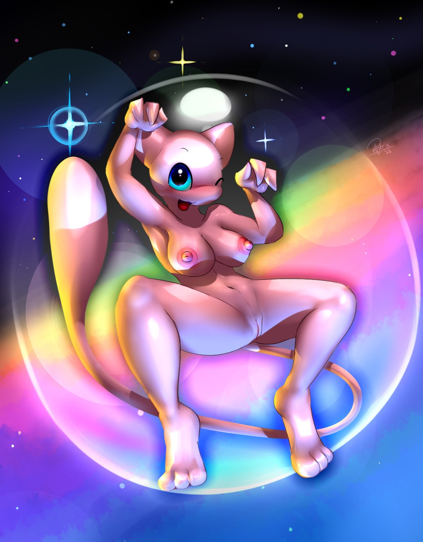 2013 3_toes :d anthro armpits barefoot black_eyes blue_eyes blush breasts bubble elpatrixf female hi_res mew navel nintendo nipples nude one_eye_closed outer_space pink_skin pok&eacute;mon pokemon_snap presenting presenting_pussy pussy rainbow raised_arm shadow shiny skin solo spread_legs spreading star video_games